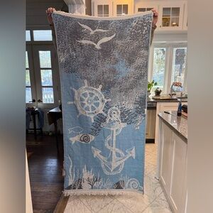 Nautical Turkish Blue/gray/beige Cotton BLANKET w/fringes. About 74”x35”. New!